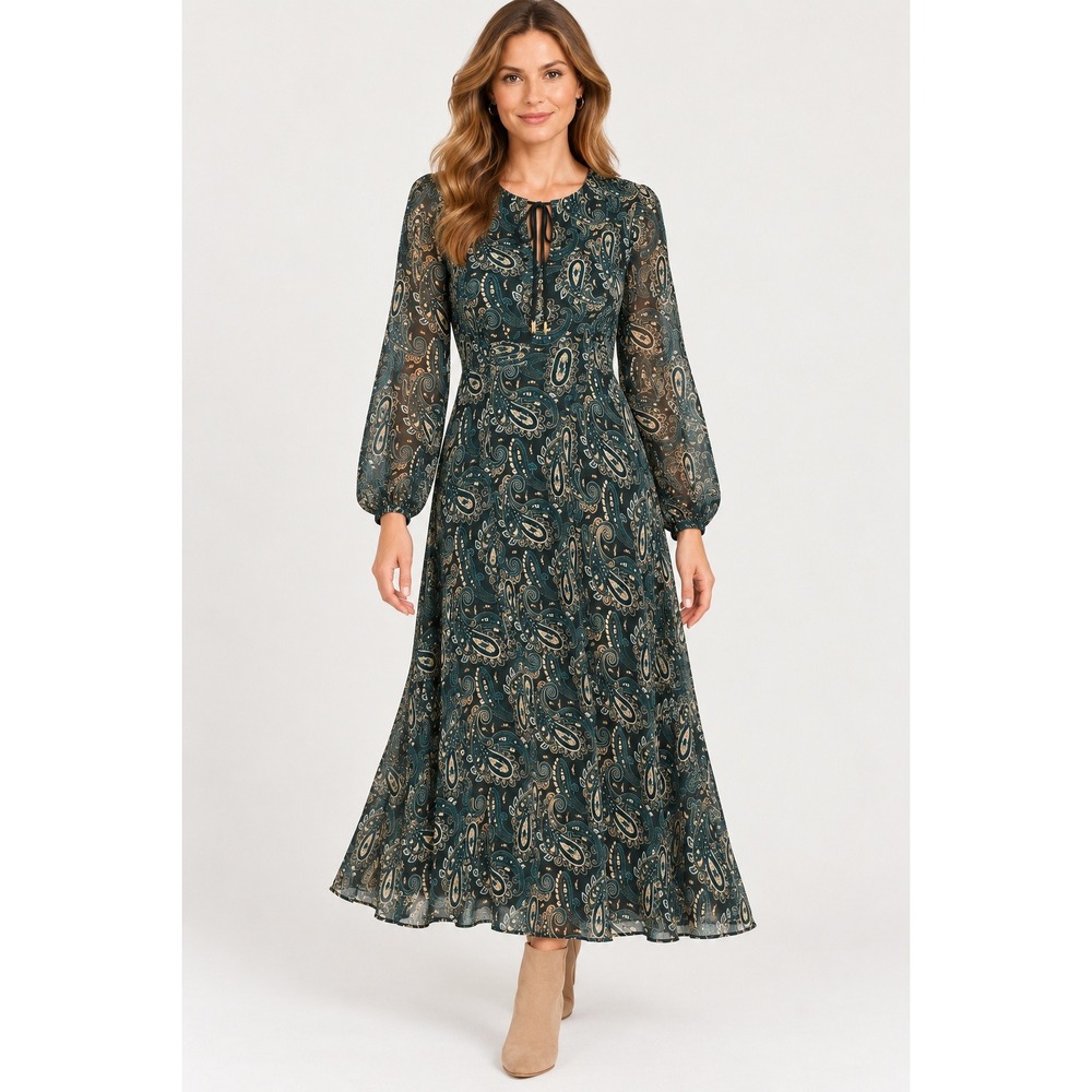 Tommy Hilfiger Midi Dress Womens 10 Teal Paisley Excellent Chiffon Long Sleeve
